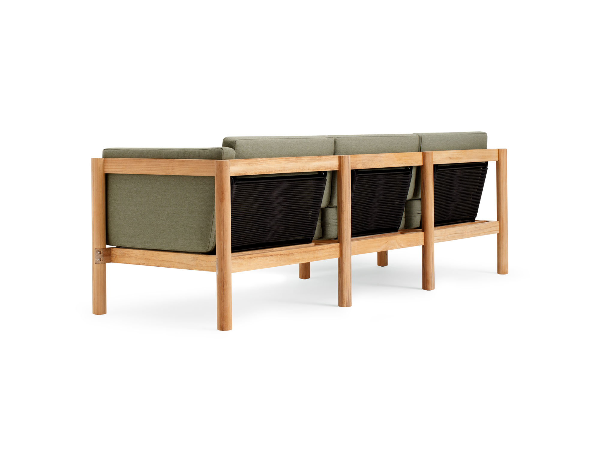 Back angle view of 4-piece outdoor sectional with green arm cushions